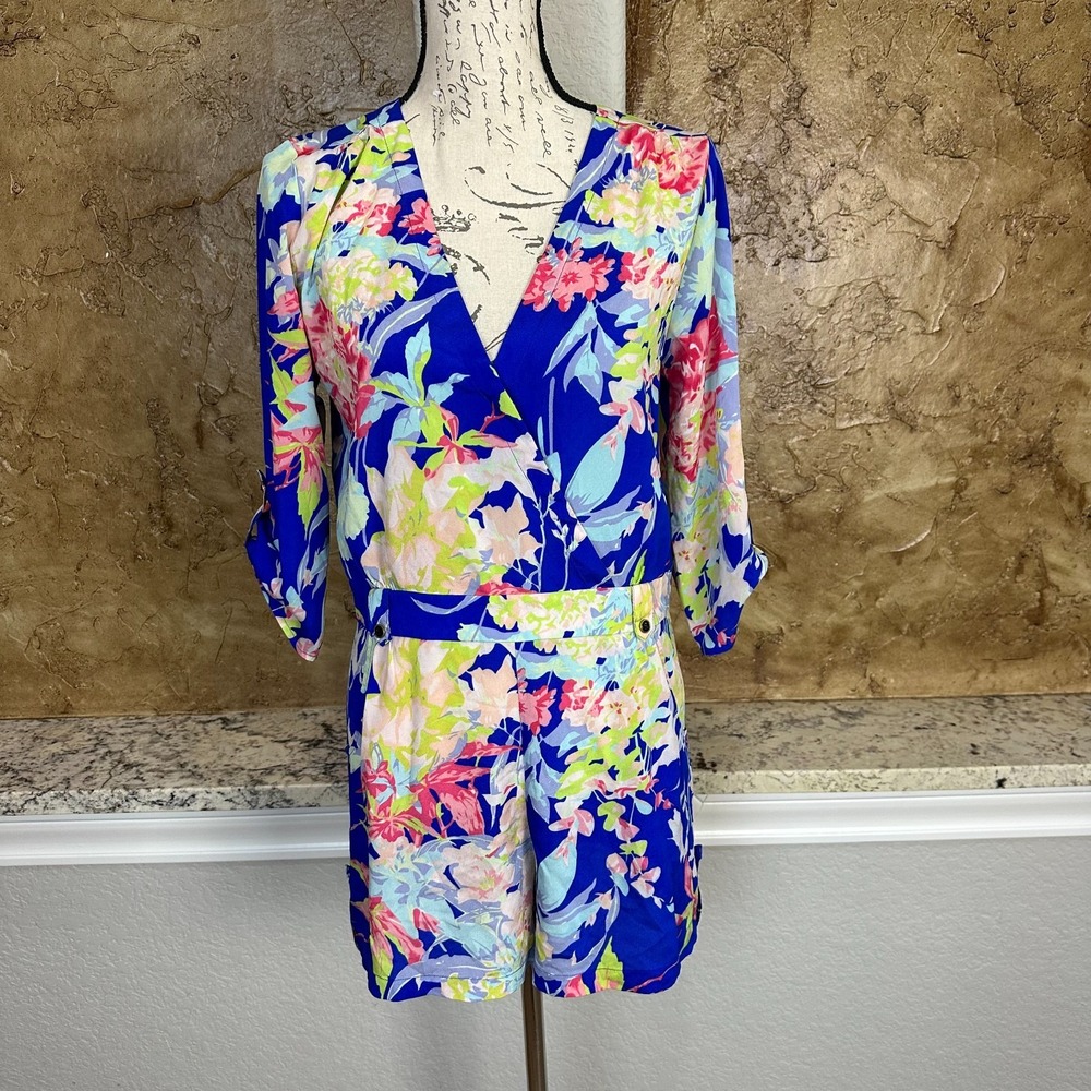 Yumi Kim Liz Romper Womens Small 3/4 Sleeve Zean Tropical Floral Vacation Blue